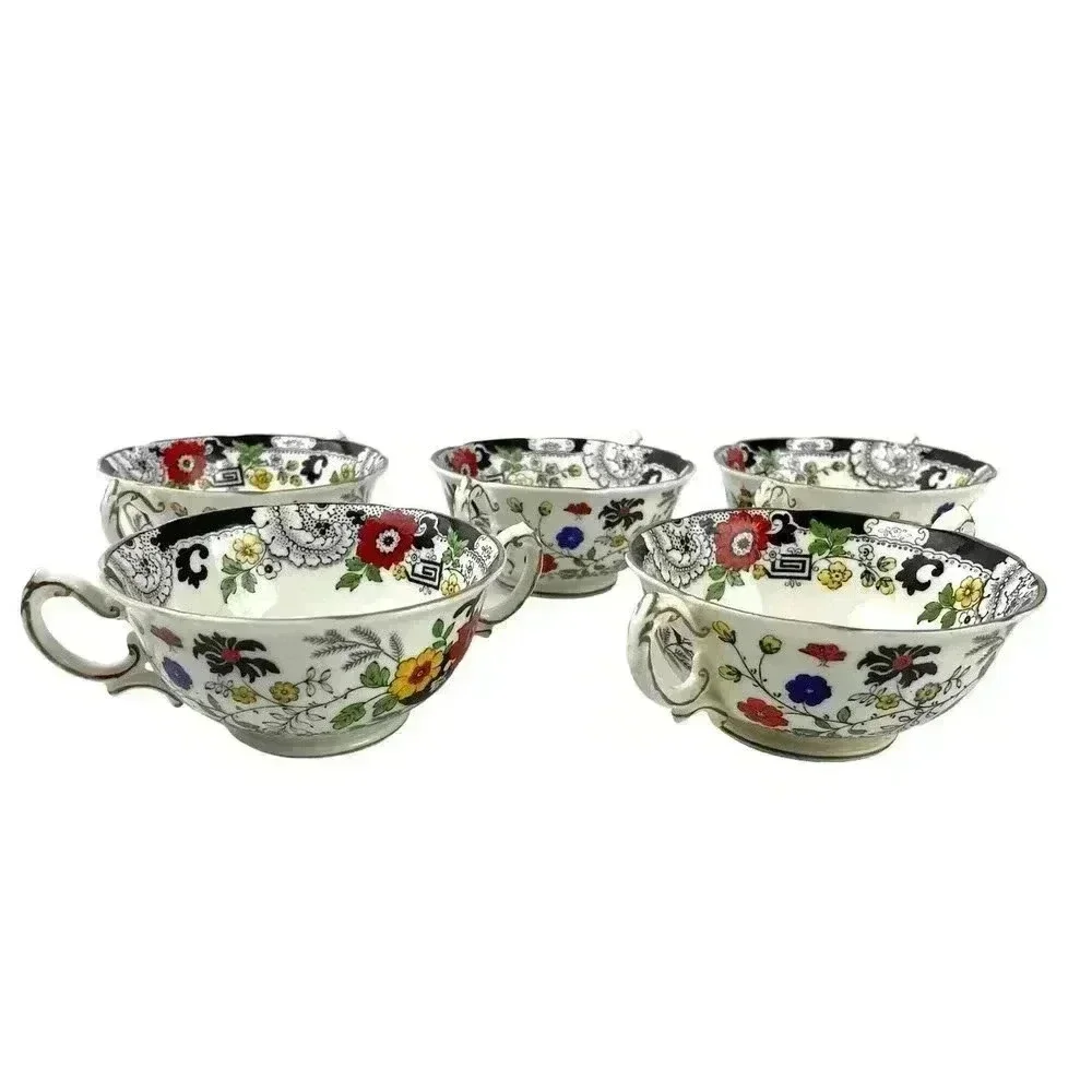 VTG Set of 5 Swansea Soup Dish Bowl Floral Pattern Bone China Canton Gold Trim